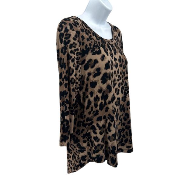 JM Collection Blouse WMNS S Brown Cheetah Top 3/4 Sleeve Pullover Crew Neck - Picture 3 of 8